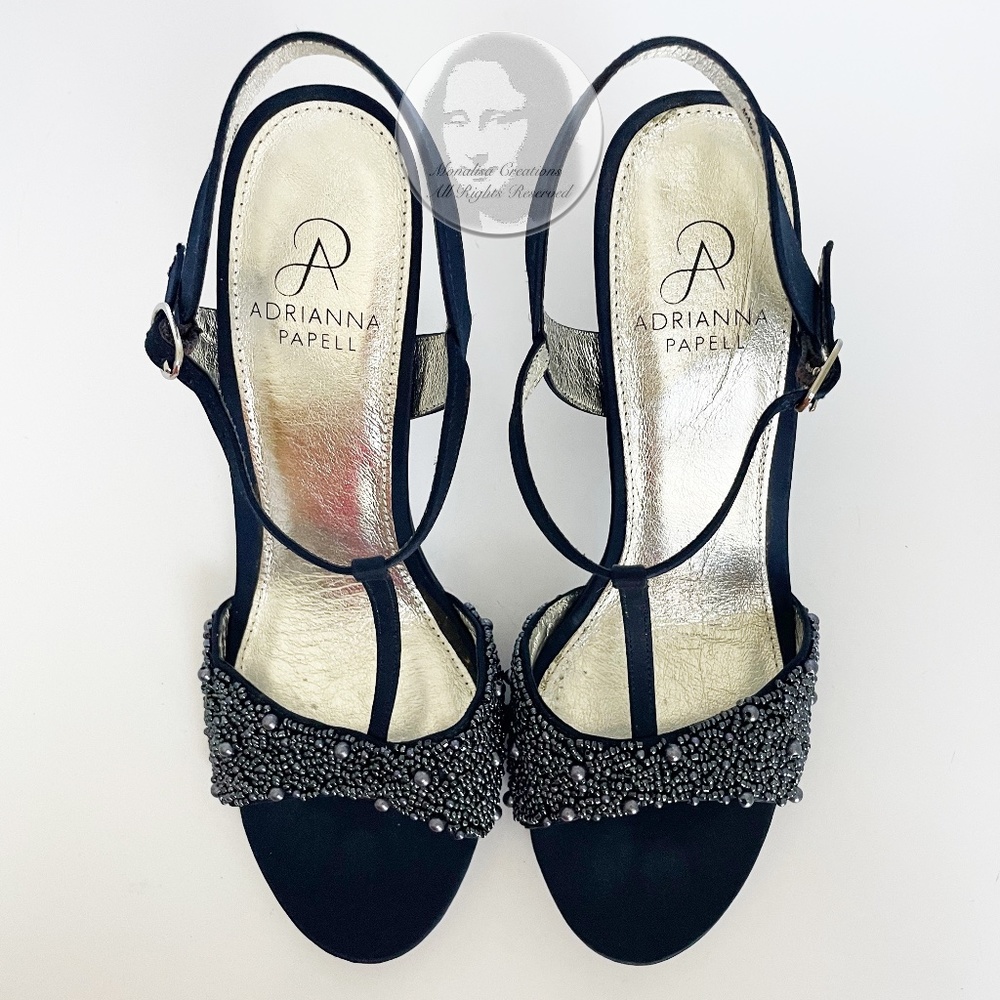 Adrianna Papell Alia Sandal T-Strap Beaded Satin Formal Evening Heels Size 8.5M - Picture 9 of 13
